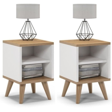 Szafki nocne, 2 sztuki, otwarte, SKAND, 30x30x45 cm, biel, dąb, mat