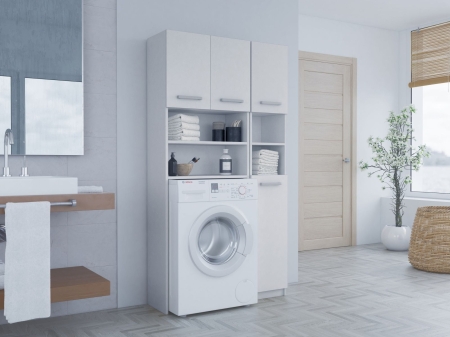 Zestaw łazienkowy, szafka nad pralkę, słupek, marpol, 96x30x183 cm, biel, mat