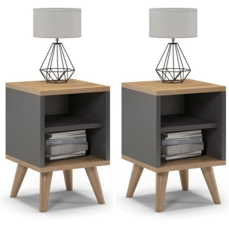 Szafki nocne, 2 sztuki, otwarte, SKAND, 30x30x45 cm, grafit, dąb, mat