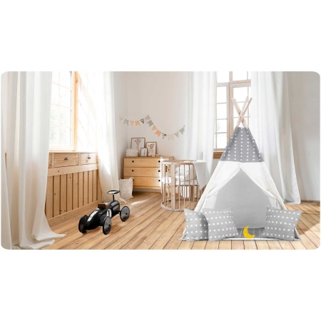 Namiot tipi dla dzieci, girlanda, światełka, 120x165 cm, jasny szary, gwiazdy