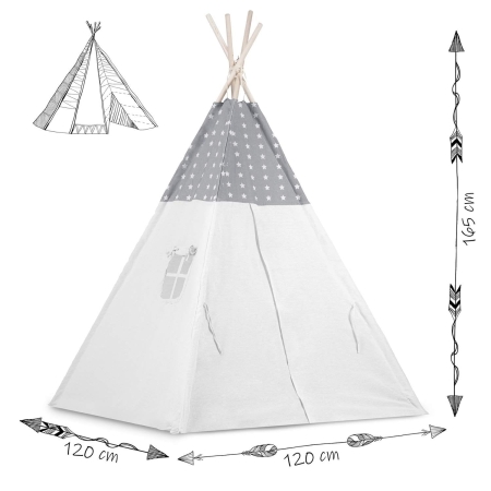 Namiot tipi dla dzieci, girlanda, światełka, 120x165 cm, jasny szary, gwiazdy