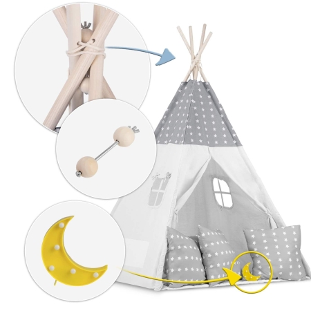 Namiot tipi dla dzieci, girlanda, światełka, 120x165 cm, jasny szary, gwiazdy