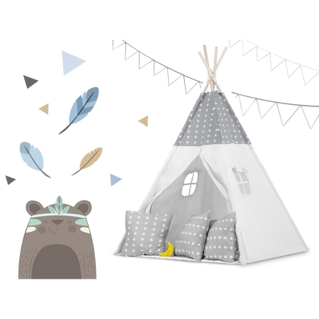 Namiot tipi dla dzieci, girlanda, światełka, 120x165 cm, jasny szary, gwiazdy