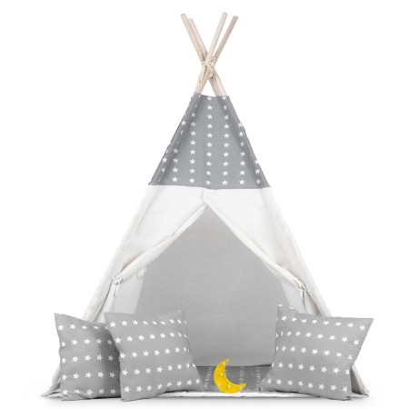 Namiot tipi dla dzieci, girlanda, światełka, 120x165 cm, jasny szary, gwiazdy