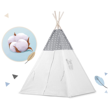 Namiot tipi dla dzieci, girlanda, światełka, 120x165 cm, jasny szary, gwiazdy