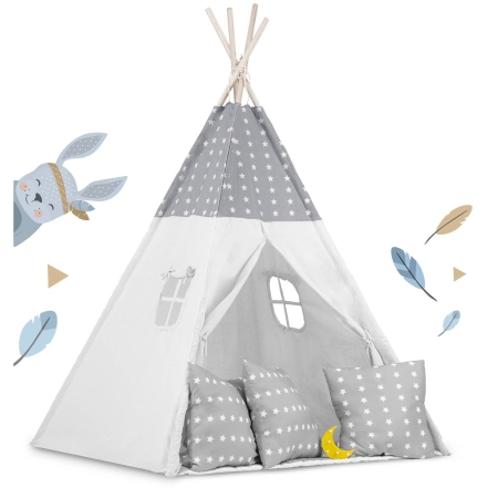 Namiot tipi dla dzieci, girlanda, światełka, 120x165 cm, jasny szary, gwiazdy