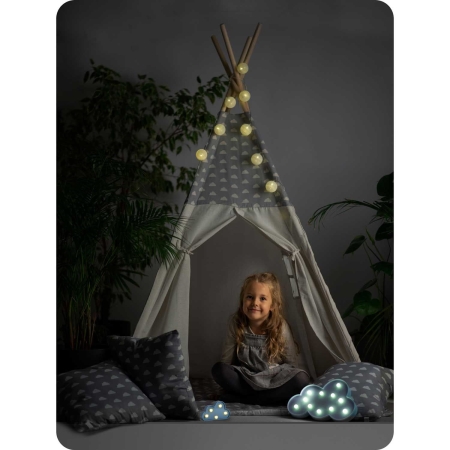 Namiot tipi dla dzieci, girlanda, światełka, 120x165 cm, jasny szary, chmurki