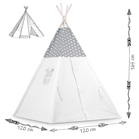Namiot tipi dla dzieci, girlanda, światełka, 120x165 cm, jasny szary, chmurki