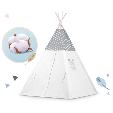 Namiot tipi dla dzieci, girlanda, światełka, 120x165 cm, jasny szary, chmurki