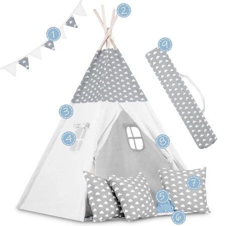 Namiot tipi dla dzieci, girlanda, światełka, 120x165 cm, jasny szary, chmurki