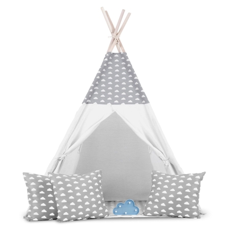 Namiot tipi dla dzieci, girlanda, światełka, 120x165 cm, jasny szary, chmurki