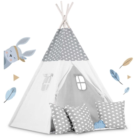 Namiot tipi dla dzieci, girlanda, światełka, 120x165 cm, jasny szary, chmurki