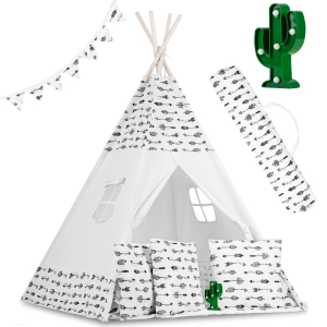 Namiot tipi dla dzieci, girlanda, światełka, 120x165 cm, biały w strzały