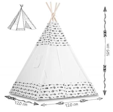 Namiot tipi dla dzieci, girlanda, światełka, 120x165 cm, biały w strzały