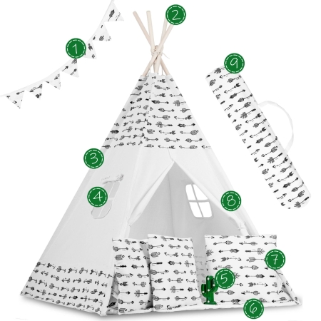 Namiot tipi dla dzieci, girlanda, światełka, 120x165 cm, biały w strzały