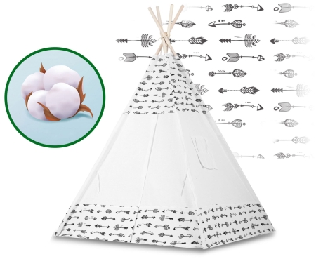 Namiot tipi dla dzieci, girlanda, światełka, 120x165 cm, biały w strzały