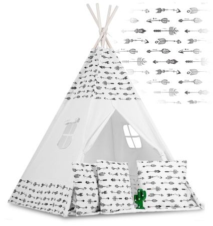 Namiot tipi dla dzieci, girlanda, światełka, 120x165 cm, biały w strzały