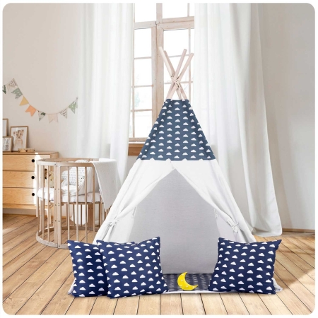 Namiot tipi dla dzieci, girlanda, światełka, 120x165 cm, granatowy, chmurki