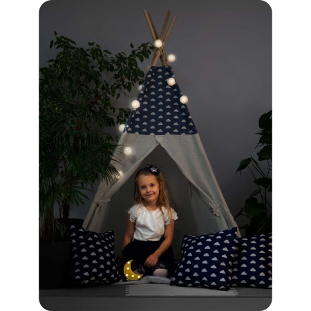 Namiot tipi dla dzieci, girlanda, światełka, 120x165 cm, granatowy, chmurki