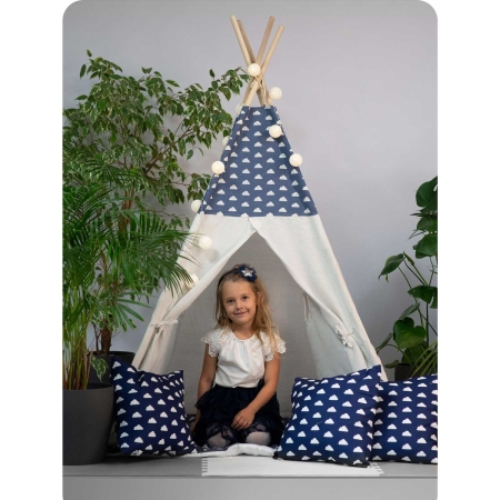 Namiot tipi dla dzieci, girlanda, światełka, 120x165 cm, granatowy, chmurki