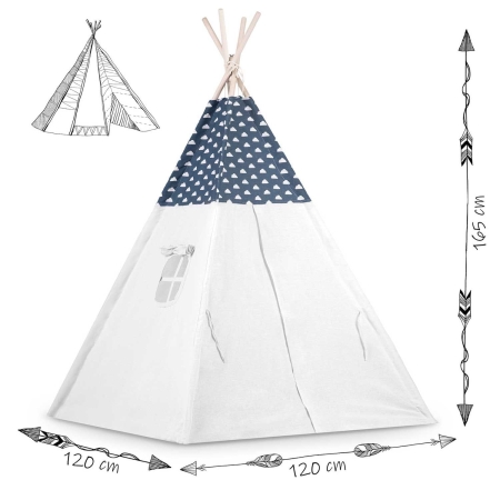 Namiot tipi dla dzieci, girlanda, światełka, 120x165 cm, granatowy, chmurki