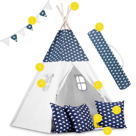 Namiot tipi dla dzieci, girlanda, światełka, 120x165 cm, granatowy, chmurki