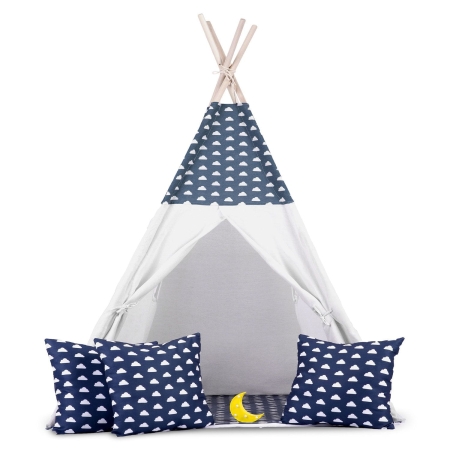 Namiot tipi dla dzieci, girlanda, światełka, 120x165 cm, granatowy, chmurki