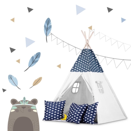 Namiot tipi dla dzieci, girlanda, światełka, 120x165 cm, granatowy, chmurki