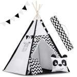 Namiot tipi dla dzieci, girlanda, światełka, 120x165 cm, biały, czarny