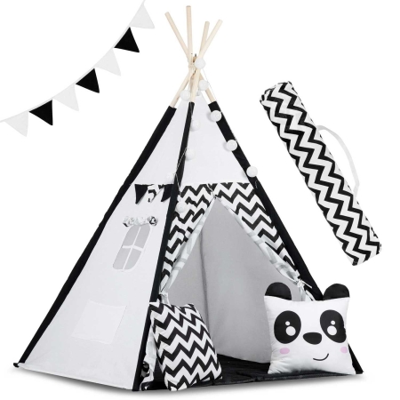 Namiot tipi dla dzieci, girlanda, światełka, 120x165 cm, biały, czarny