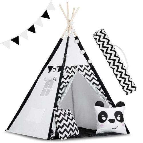 Przejdź do produktu Namiot tipi dla dzieci, girlanda, światełka, 120x165 cm, biały, czarny