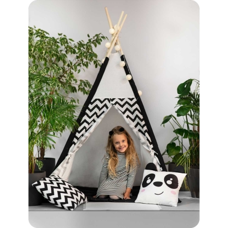 Namiot tipi dla dzieci, girlanda, światełka, 120x165 cm, biały, czarny
