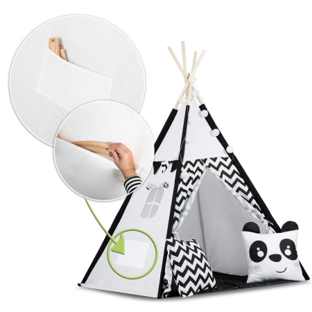 Namiot tipi dla dzieci, girlanda, światełka, 120x165 cm, biały, czarny