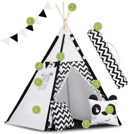 Namiot tipi dla dzieci, girlanda, światełka, 120x165 cm, biały, czarny
