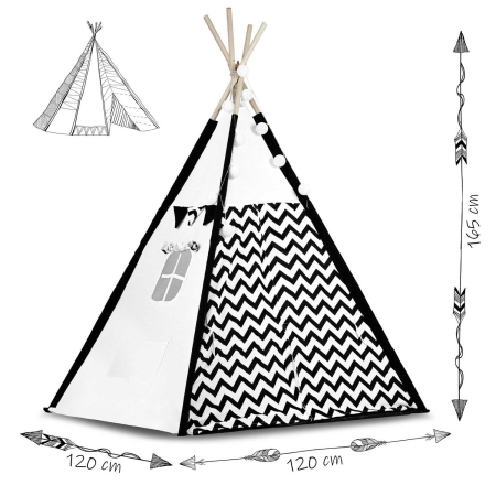Namiot tipi dla dzieci, girlanda, światełka, 120x165 cm, biały, czarny