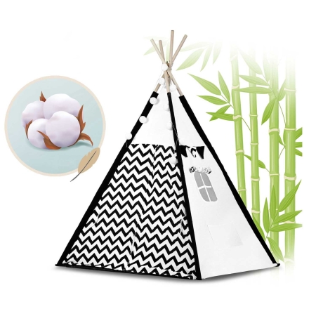 Namiot tipi dla dzieci, girlanda, światełka, 120x165 cm, biały, czarny