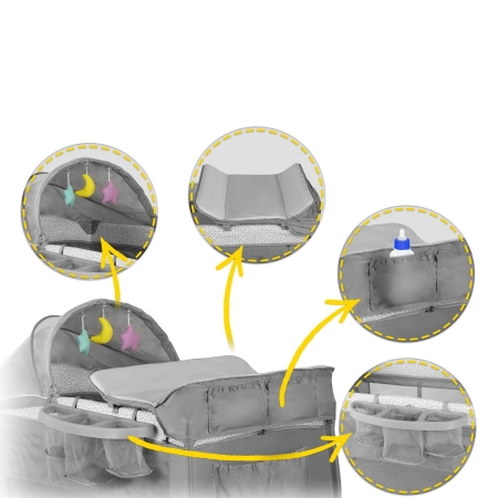 Łóżeczko turystyczne, przewijak, moskitiera, 65x125x78 cm, szary