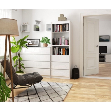 Regał do salonu, 3 szuflady, półki, ARLO, 60x35x180 cm, biały, połysk