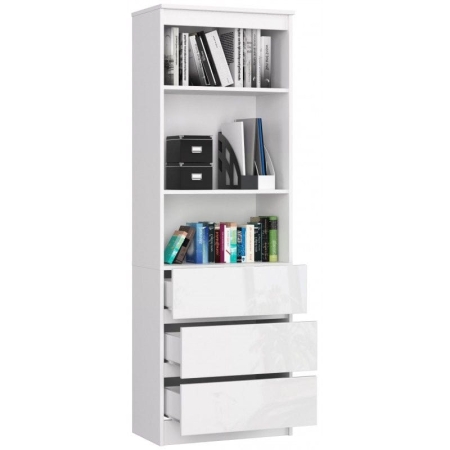 Regał do salonu, 3 szuflady, półki, ARLO, 60x35x180 cm, biały, połysk