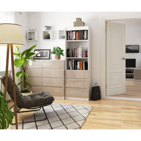 Regał do salonu, 3 szuflady, półki, ARLO, 60x35x180 cm, biały, cappuccino, połysk