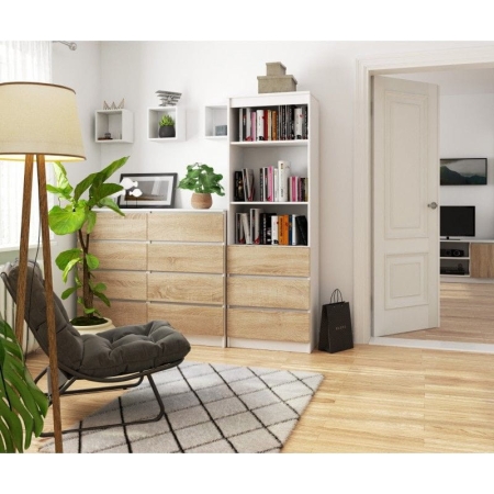 Regał do salonu, 3 szuflady, półki, ARLO, 60x35x180 cm, biały, dąb sonoma, mat