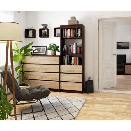 Regał do salonu, 3 szuflady, półki, ARLO, 60x35x180 cm, wenge, dąb sonoma, mat
