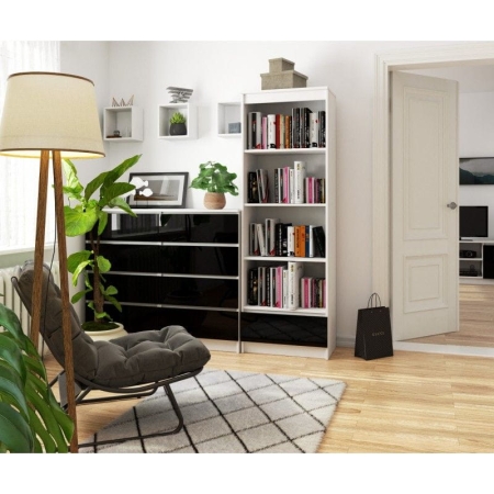 Regał do salonu, biura, 1 szuflada, półki, ARLO, 60x35x180 cm, biały, czarny, połysk