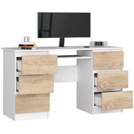 Biurko komputerowe, szuflady, CORE, 135x50x77 cm, biel, dąb sonoma, mat