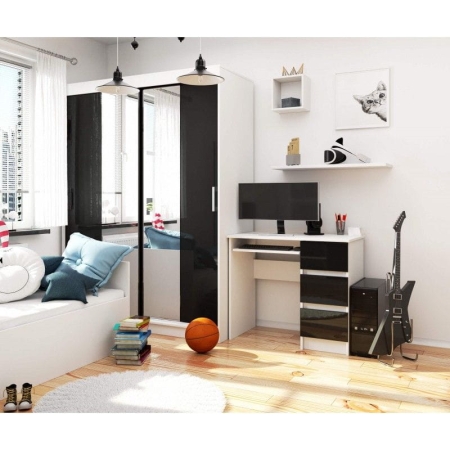 Biurko komputerowe, szuflady, prawe, ASTOR, 90x50x77 cm, biel, czarny, połysk