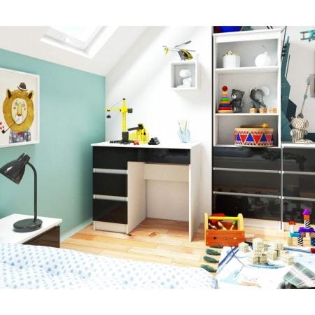 Biurko komputerowe, szkolne, lewe, NIKO, 90x50x77 cm, biel, czarny, połysk