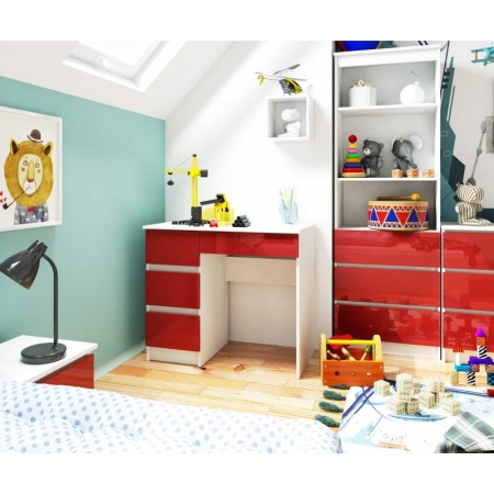 Biurko komputerowe, szkolne, lewe, NIKO, 90x50x77 cm, biel, czerwony, połysk