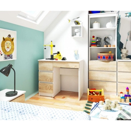 Biurko komputerowe, szkolne, lewe, NIKO, 90x50x77 cm, biel, dąb sonoma, mat