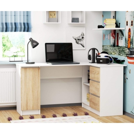 Biurko narożne, biurowe, prawe, SOREN Plus, 155x85x77 cm, biel, dąb sonoma, mat