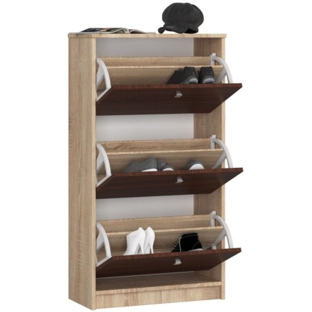 Szafka na obuwie, 3 uchylne drzwiczki, ARONA, 60x29x113 cm, dąb sonoma, wenge, mat